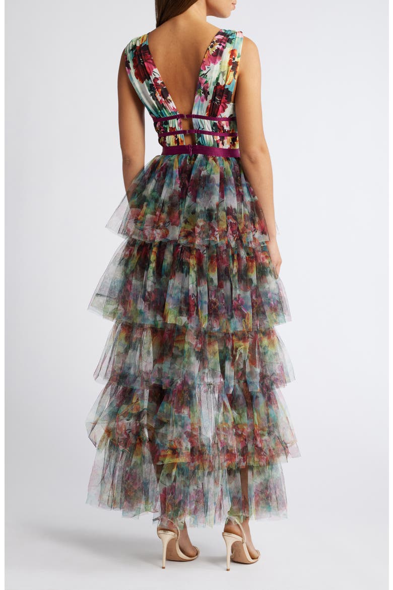 Floral Print Tiered Mesh Gown, Alternate, color, OLIVE MULTI