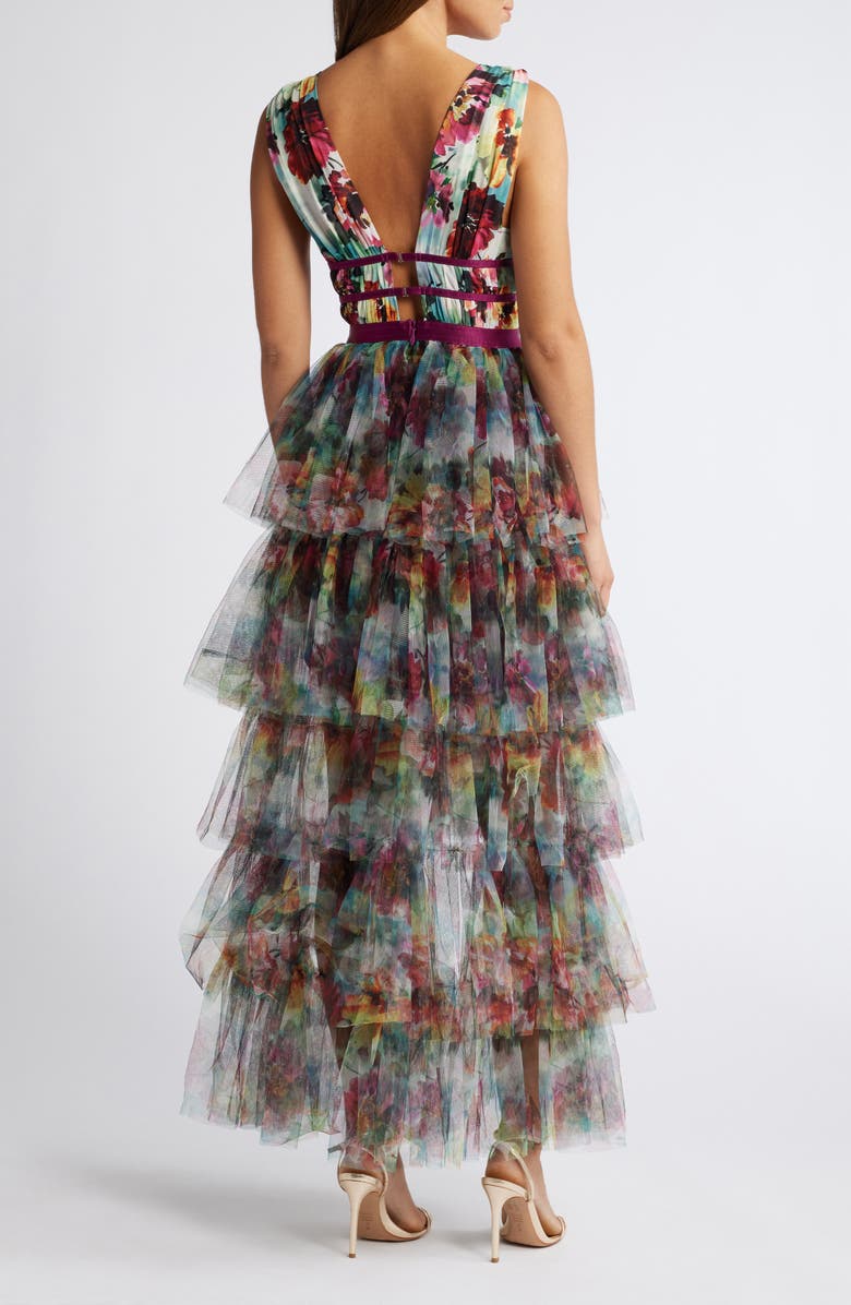 bebe Floral Print Tiered Mesh Gown, Alternate, color, Olive Multi