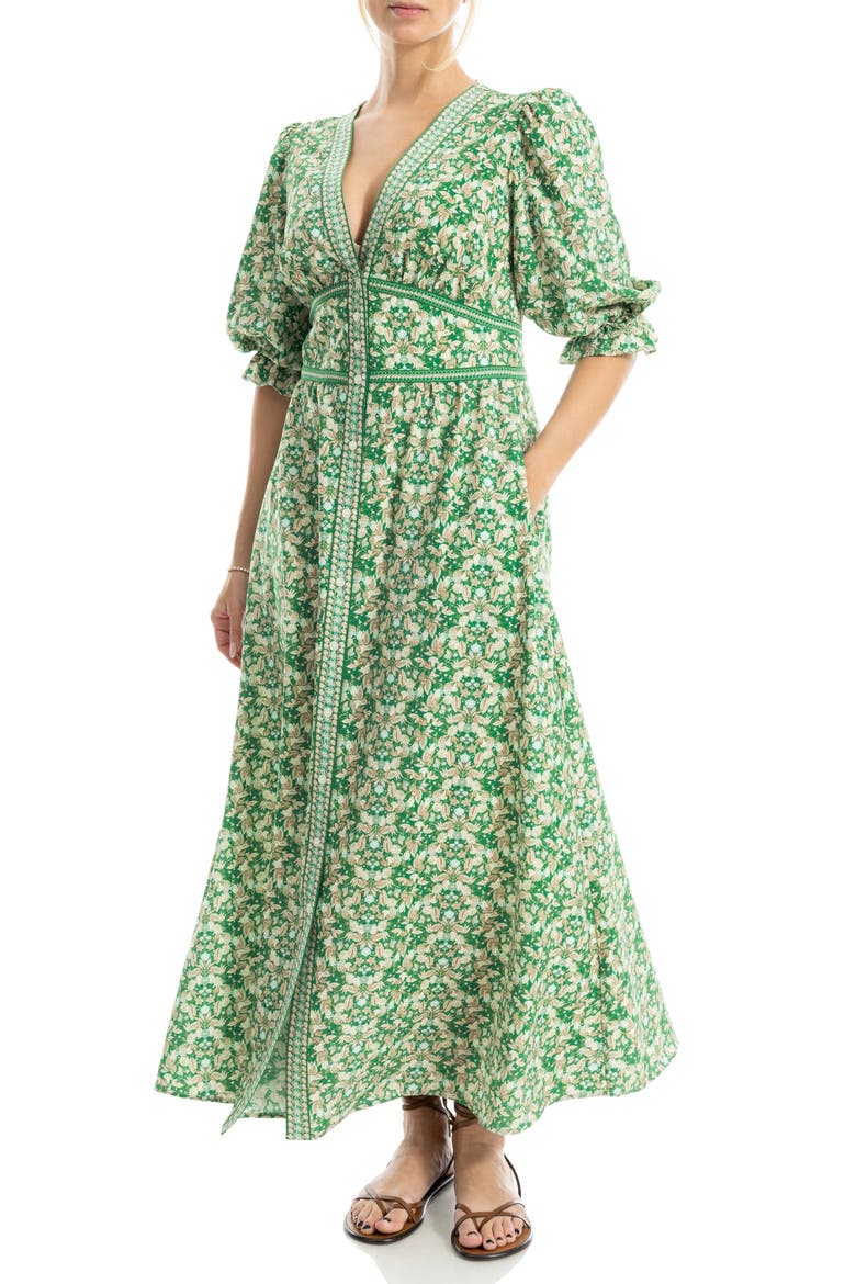 V-Neck Puff Sleeve Maxi Dress, Alternate, color, GREEN/ PINK