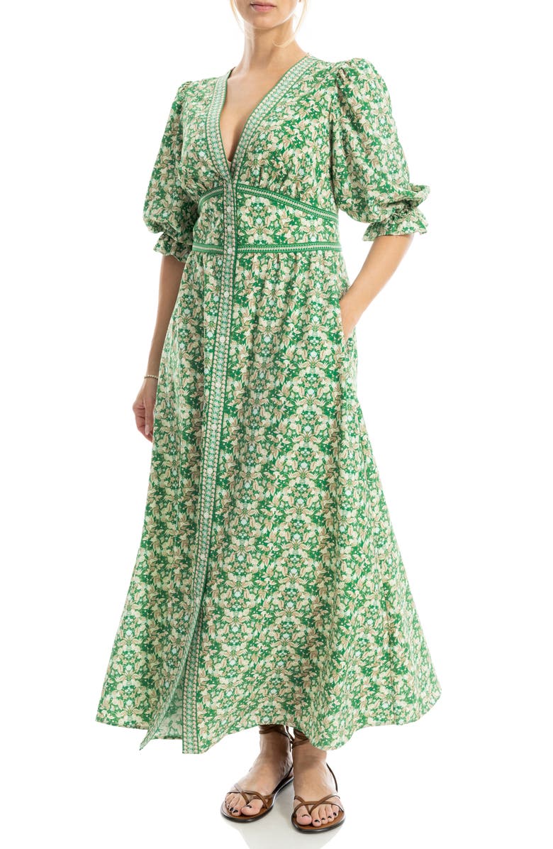 MAX STUDIO V-Neck Puff Sleeve Maxi Dress, Alternate, color, Green/ Pink