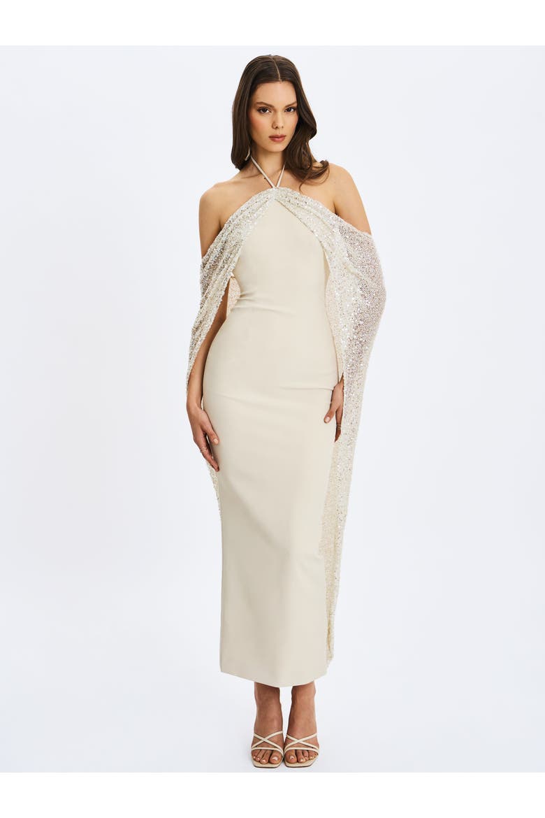 Quimera Beaded Cape Halter Off-Shoulder Maxi Gown, Main, color, Almond