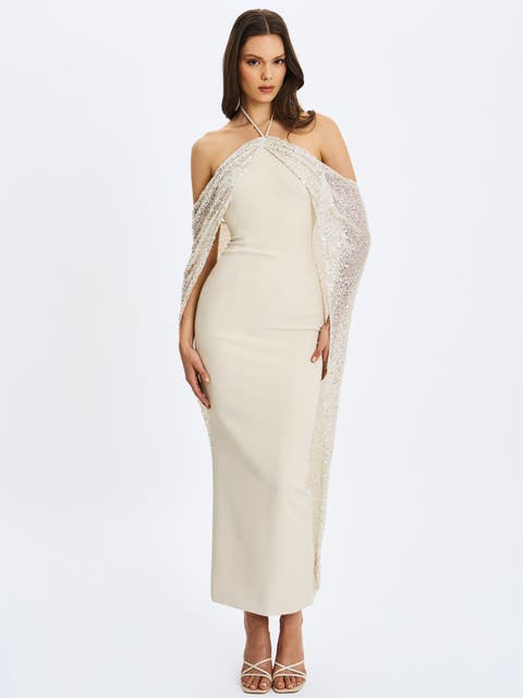 Quimera Beaded Cape Halter Off-Shoulder Maxi Gown