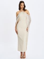 Miss Circle Quimera Beaded Cape Halter Off-Shoulder Maxi Gown