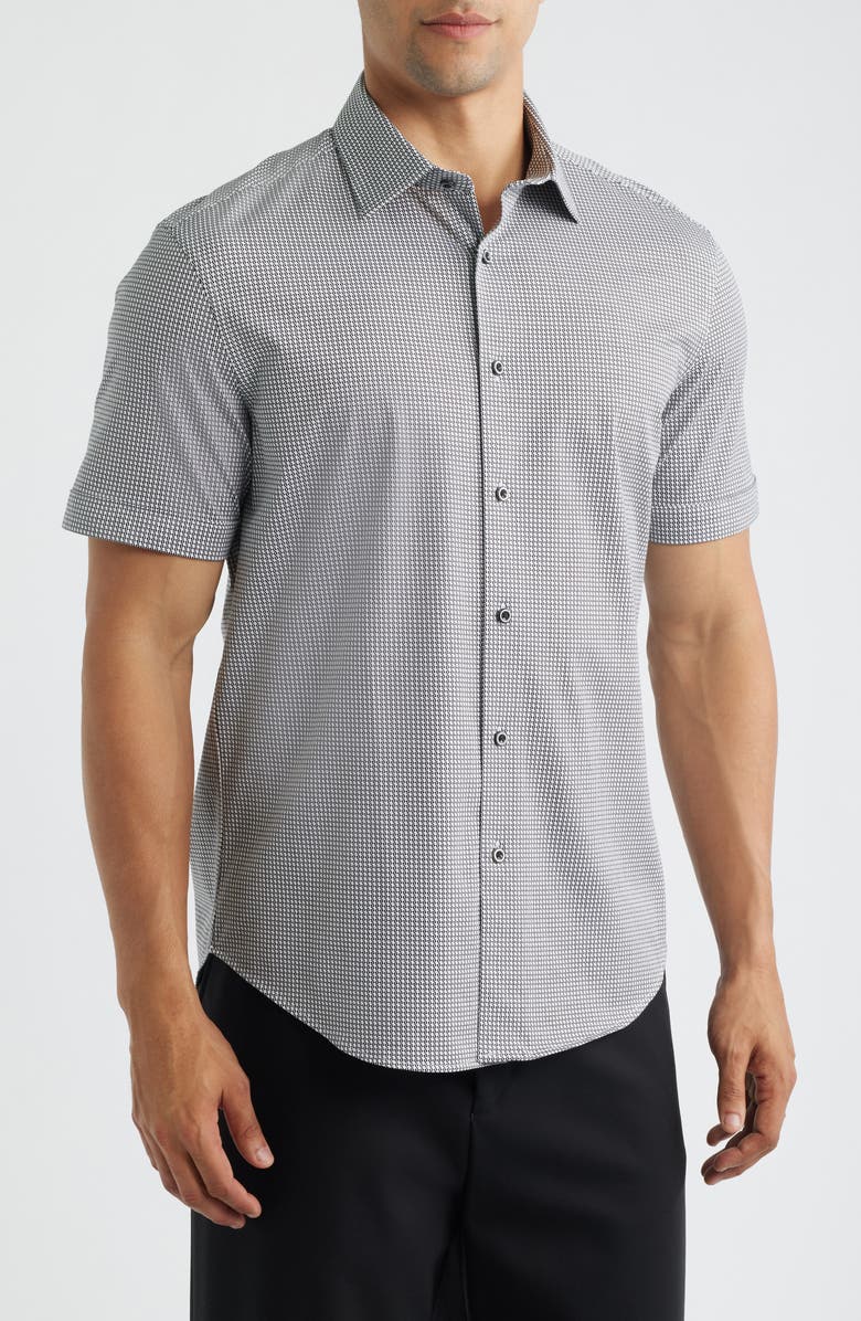 Bugatchi Miles OoohCotton<sup>®</sup> Geo Print Short Sleeve Button-Up Shirt, Main, color, White