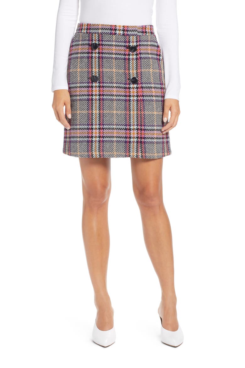 Button Detail Plaid Skirt, Main, color, PURPLE MULTI PLAID