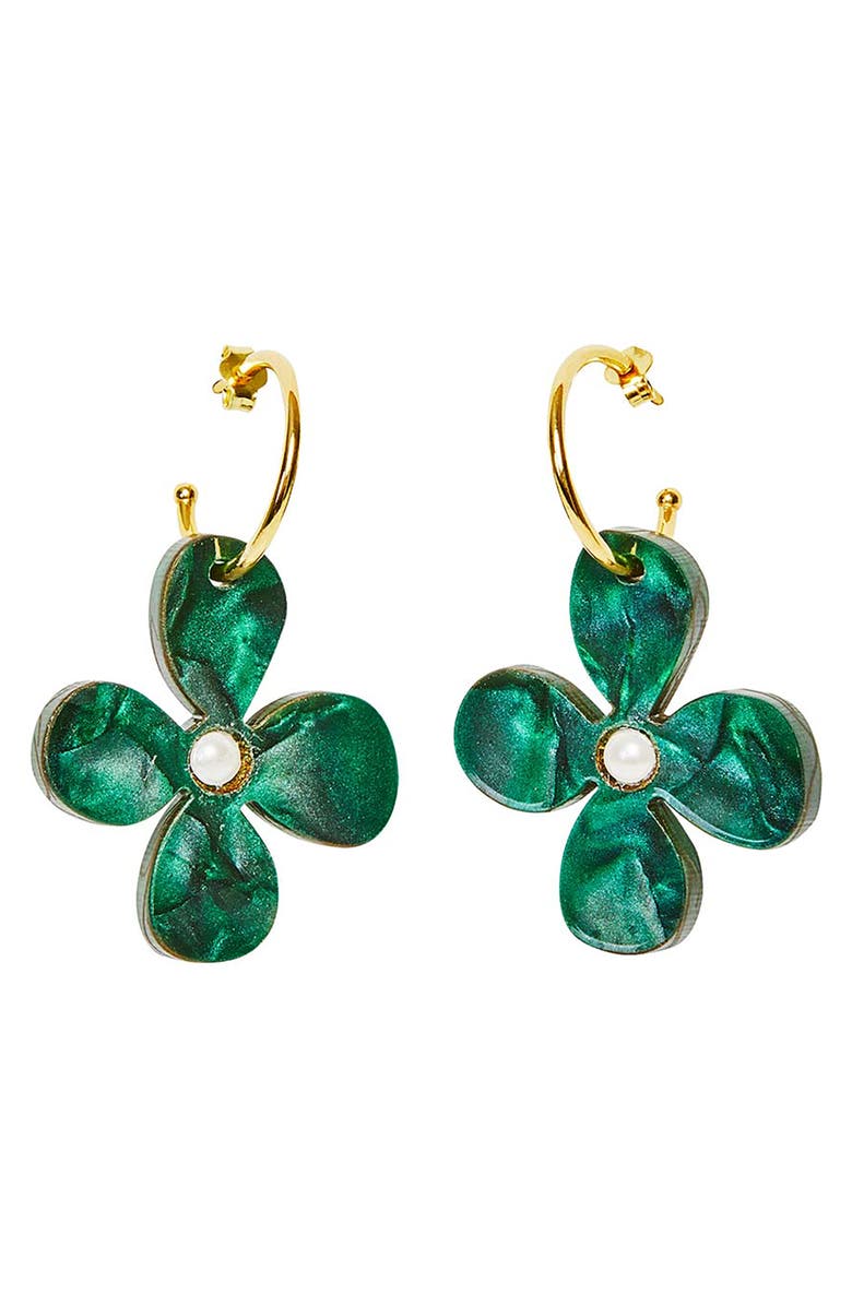 Toolally Daisy Hoop Earrings - Emerald Pearl, Main, color, Emerald Pearl