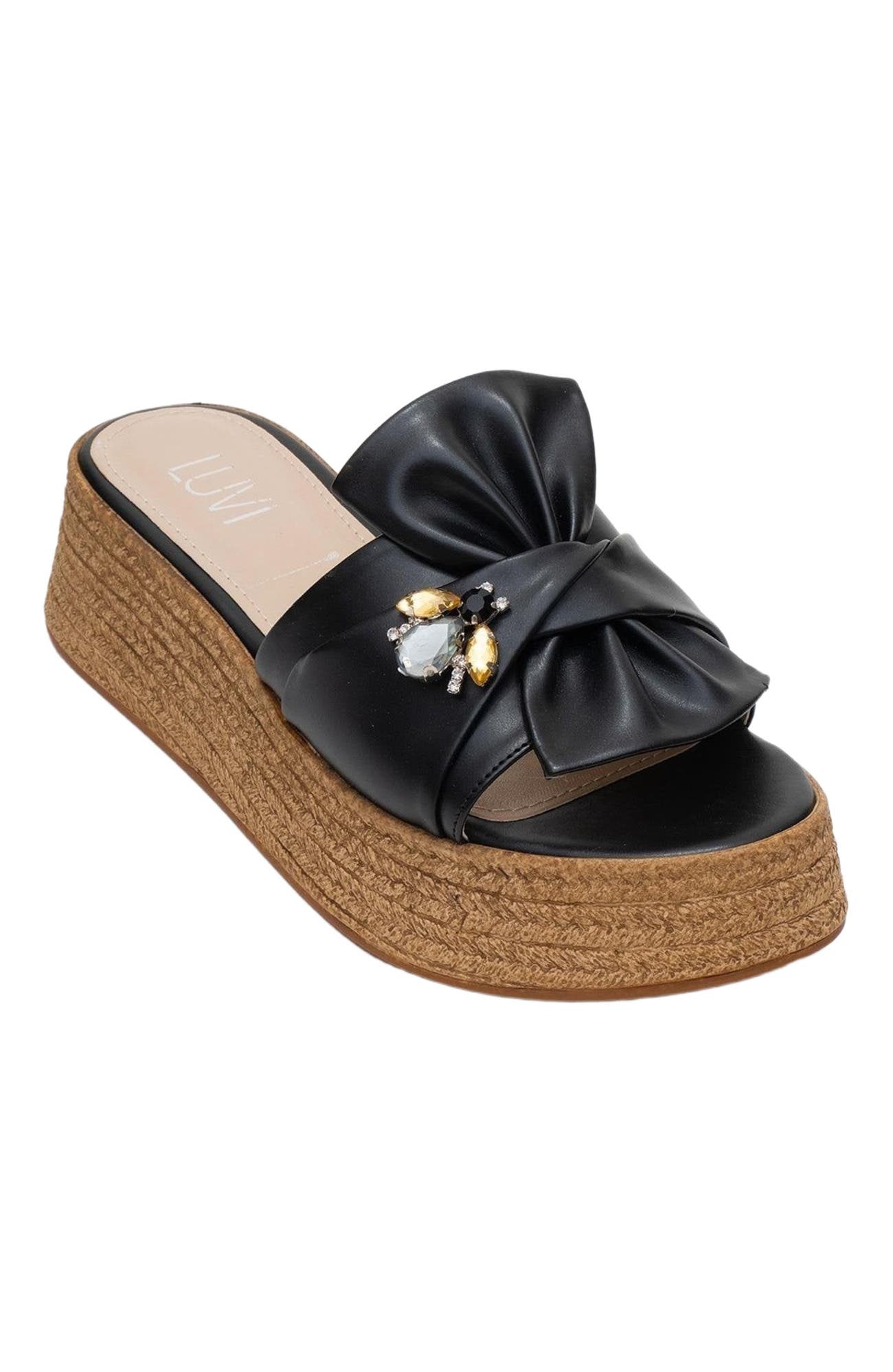 Prologue Shoes Shara Braided Bow & Bee Buckle Platform Sandal, Alternate, color, Black Faux Leather