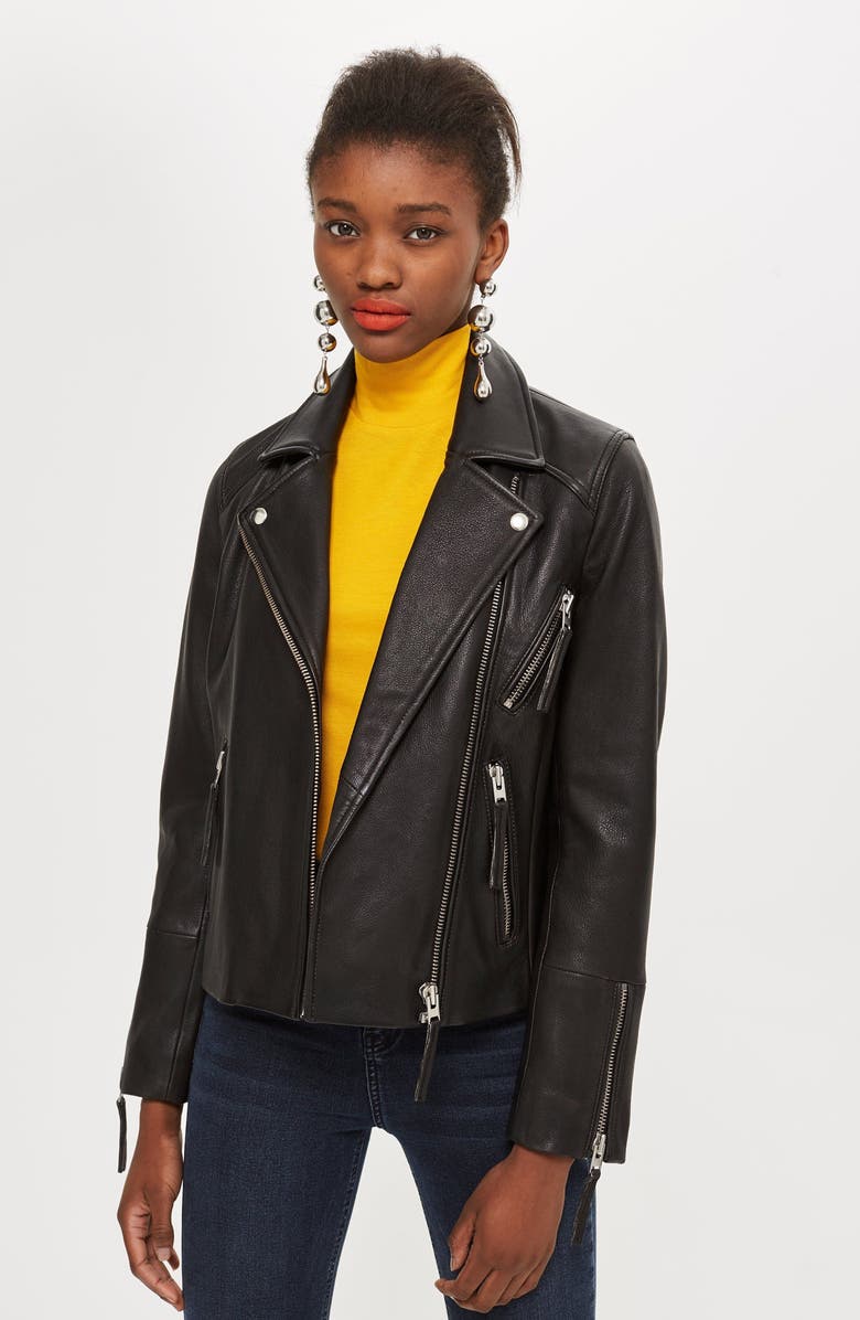 Topshop Dolly Leather Biker Jacket, Alternate, color, 