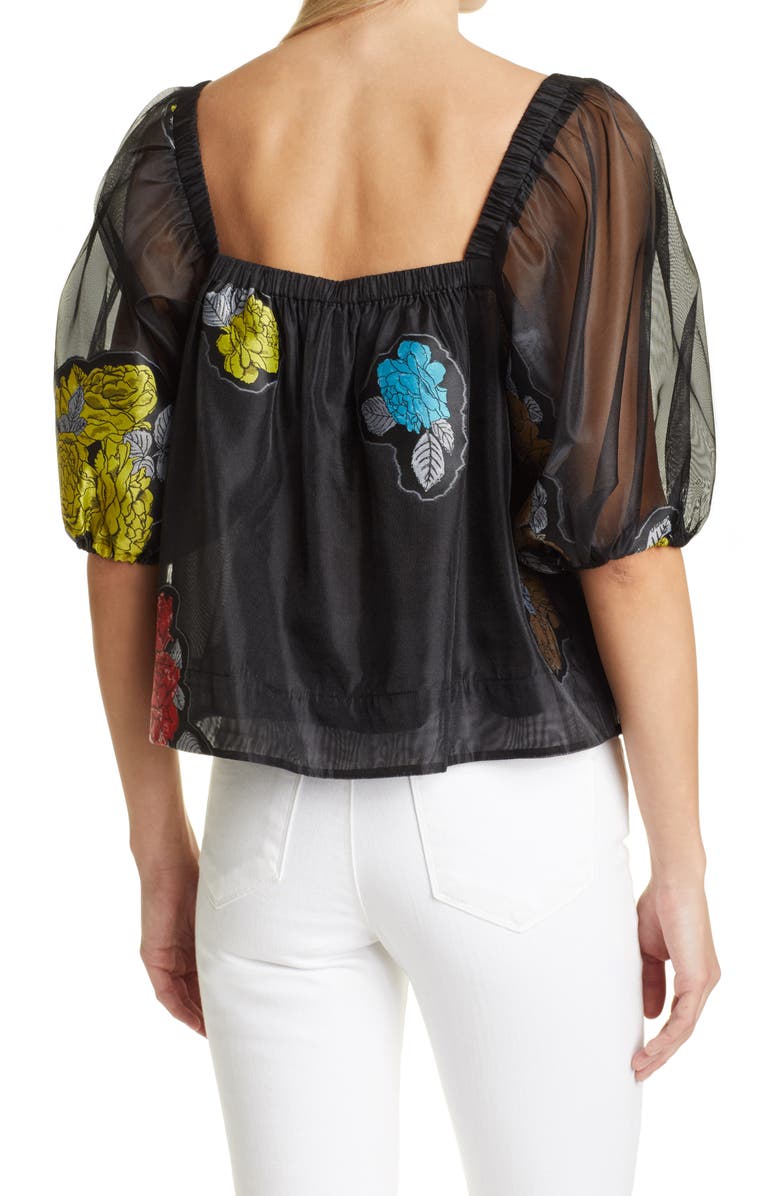 Ganni Patch Detail Organza Puff Sleeve Swing Top, Alternate, color, Black