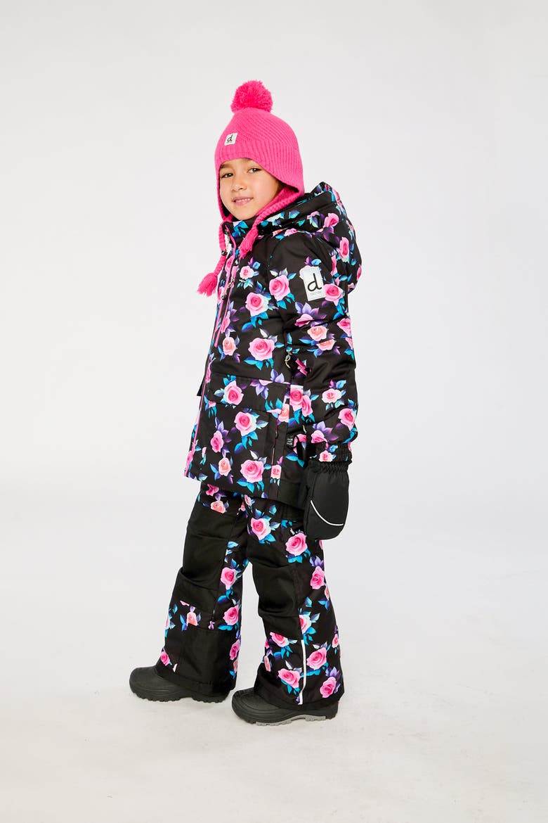 Floral Jacket & Foot Strap Pants Two Piece Snowsuit, Alternate, color, Black Printed with Roses