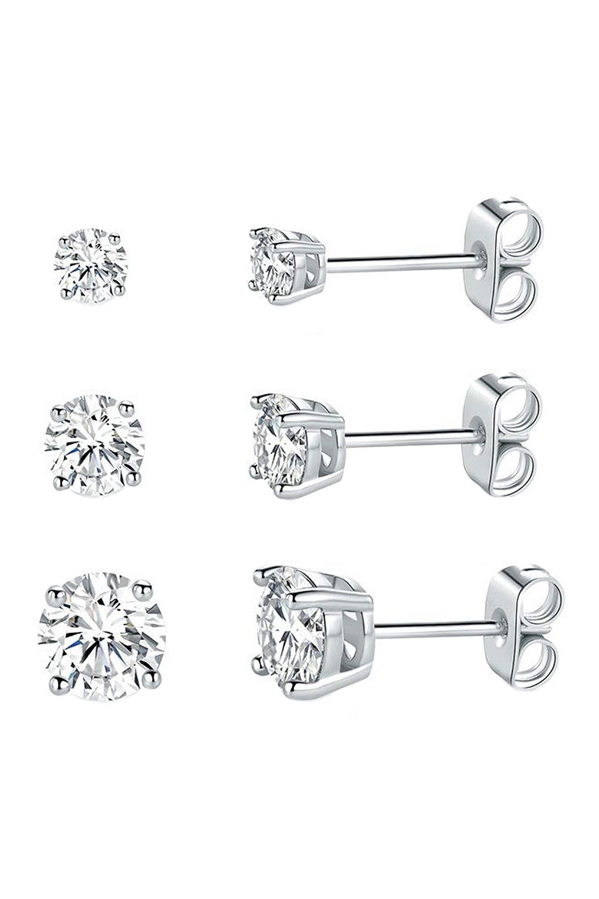 SAVVY CIE JEWELS Set of 3 Sterling Silver Round Cubic Zirconia Stud Earrings