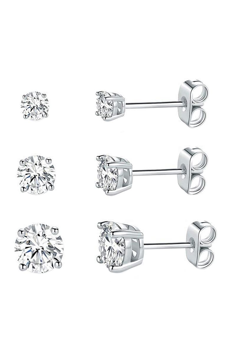 SAVVY CIE JEWELS Set of 3 Sterling Silver Round Cubic Zirconia Stud Earrings, Main, color, 