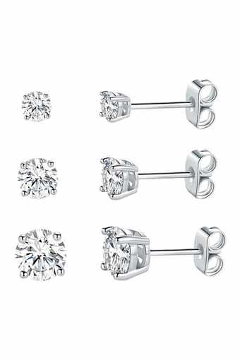 SAVVY CIE JEWELS Set of 3 Sterling Silver Round Cubic Zirconia Stud Earrings