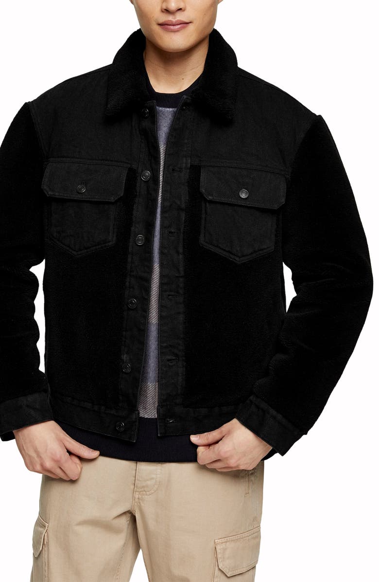 Topman Cut & Sew Fleece & Denim Jacket, Main, color, 