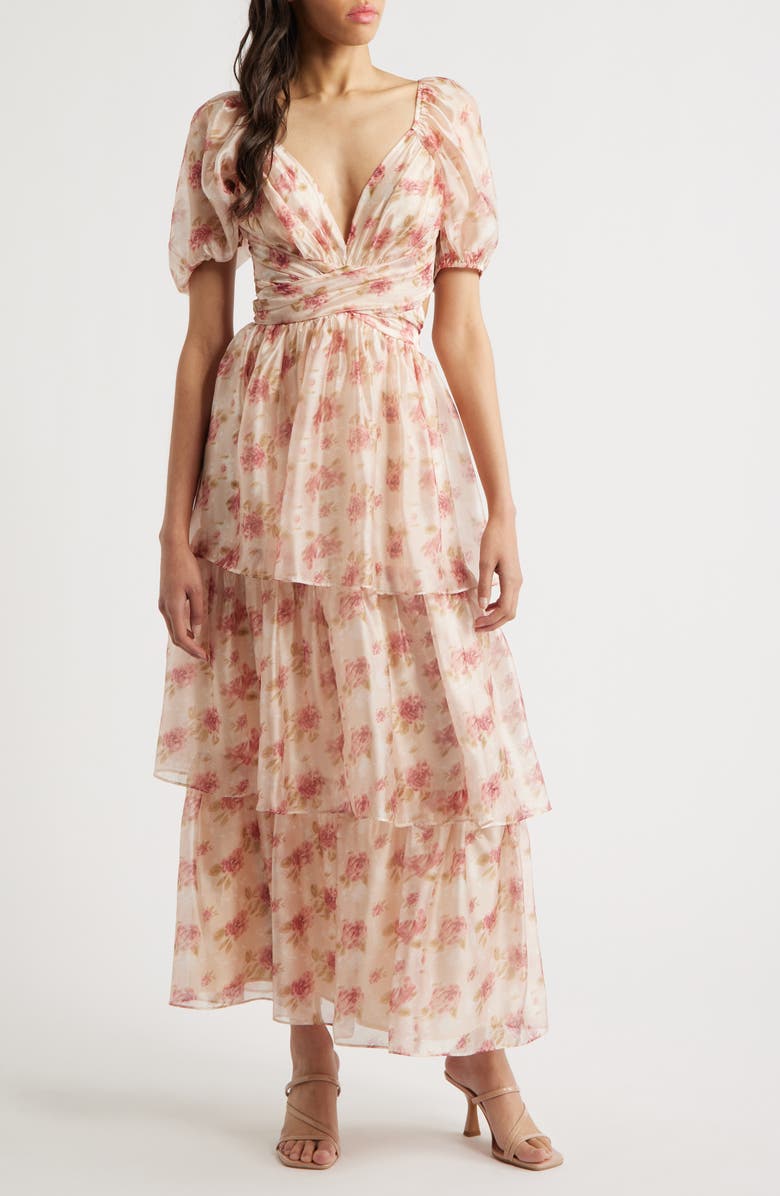 Lulus Jane Organza & Chiffon Maxi Cocktail Dress, Main, color, Pink Multi