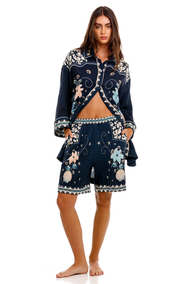 Agua Bendita Malaga Sereia Floral Cover-Up Shorts, Alternate, color, Blue