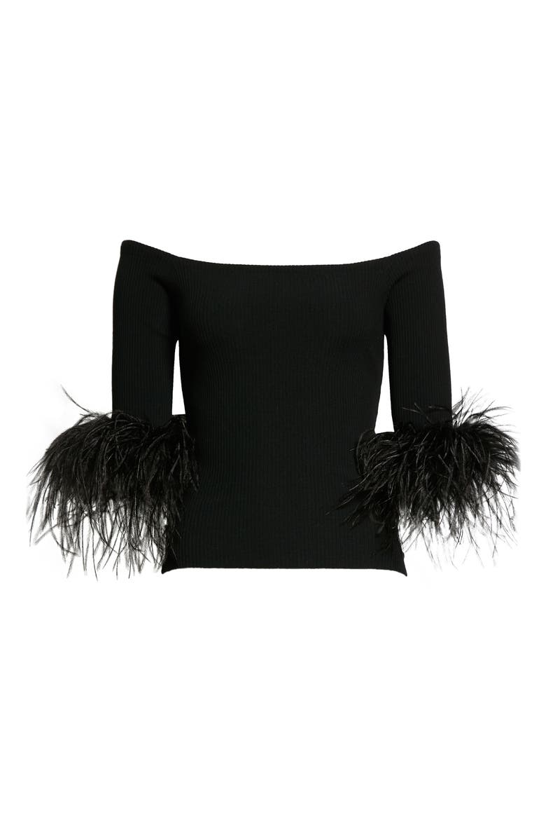 Feather Trim Off the Shoulder Cashmere Knit Top, Alternate, color, 1000 NOIR