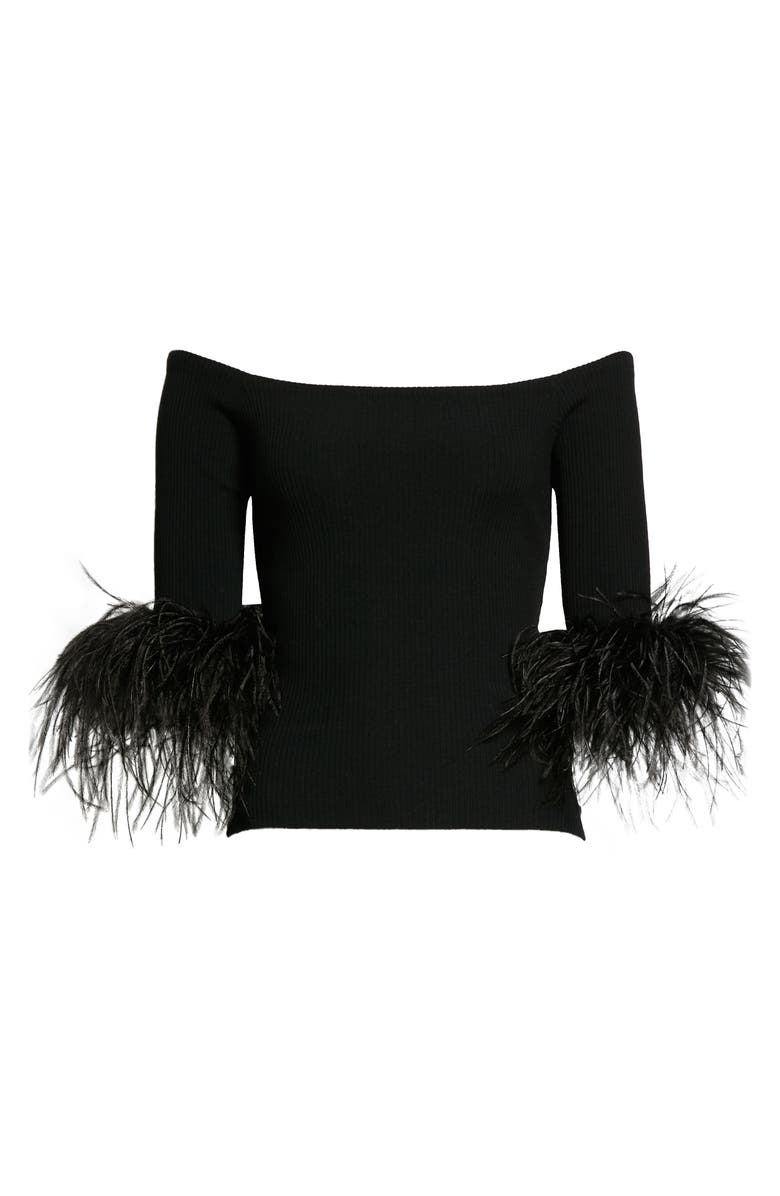 Saint Laurent Feather Trim Off the Shoulder Cashmere Knit Top, Alternate, color, 