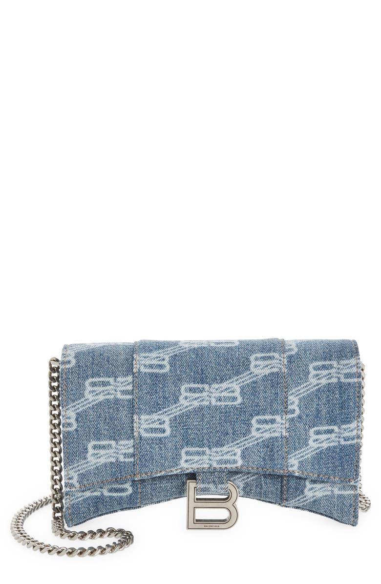 Balenciaga Hourglass License Logo Denim Wallet on a Chain, Main, color, 
