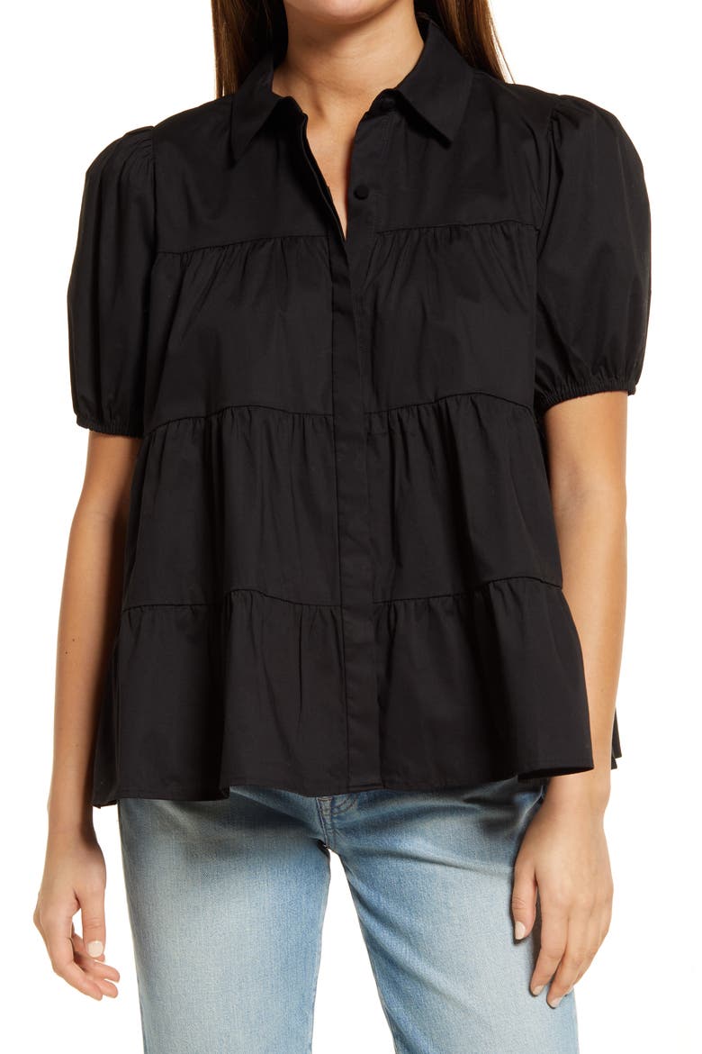 Canossa Tiered Puff Sleeve Blouse, Main, color, BLACK