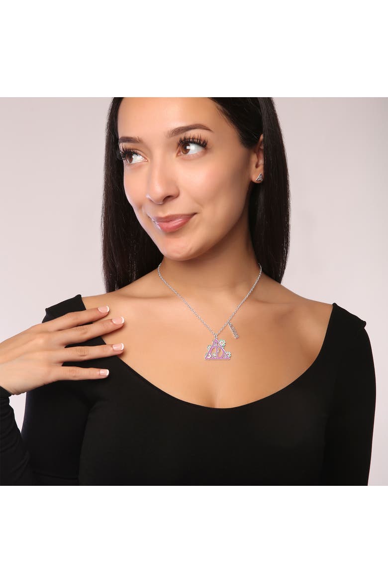 Botanical Deathly Hallows Necklace, 16"+2", Alternate, color, Silver, Purple