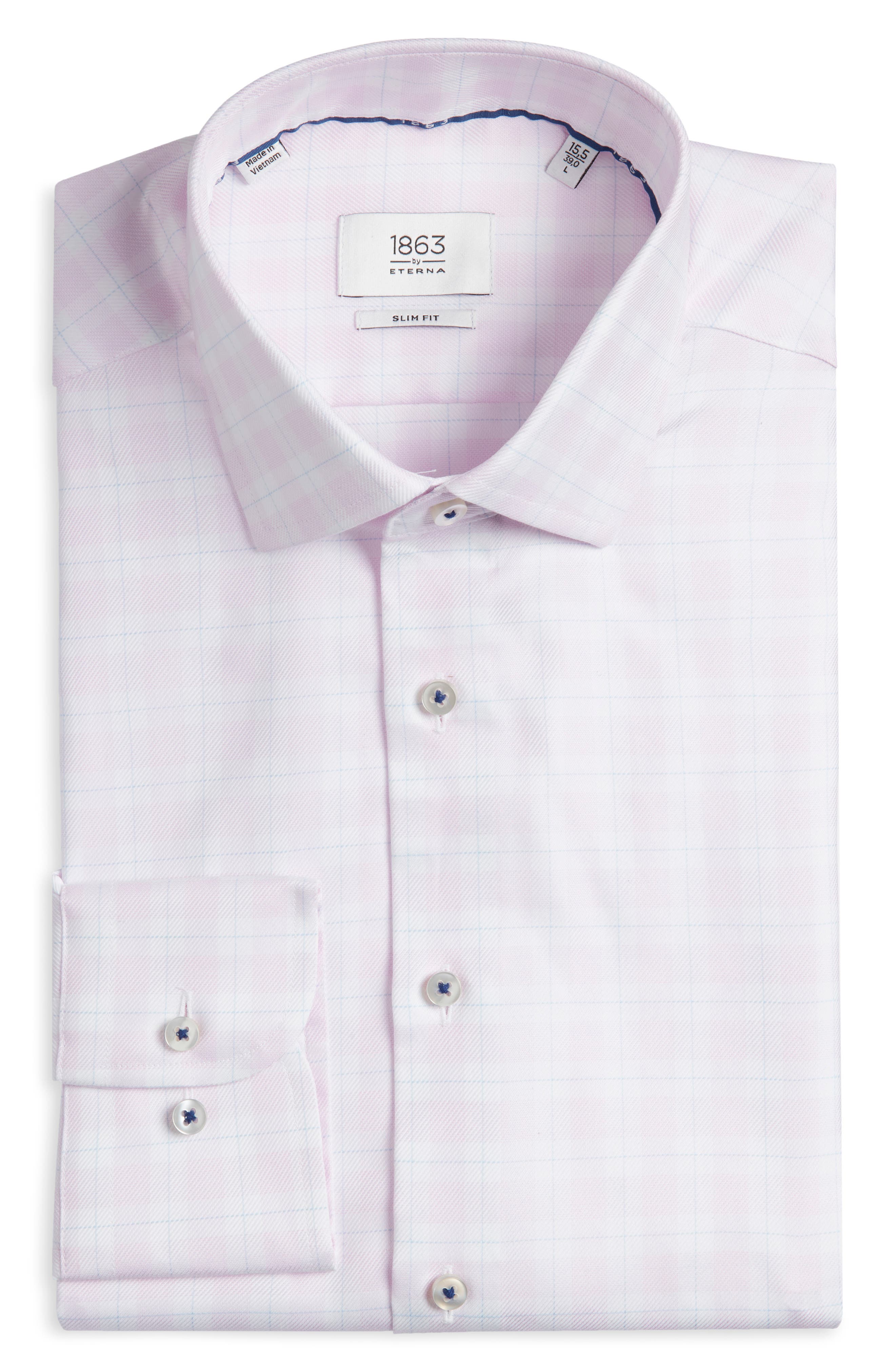 1863 By Eterna Slim Fit Check Non-iron Cotton Twill Dress Shirt In Pink