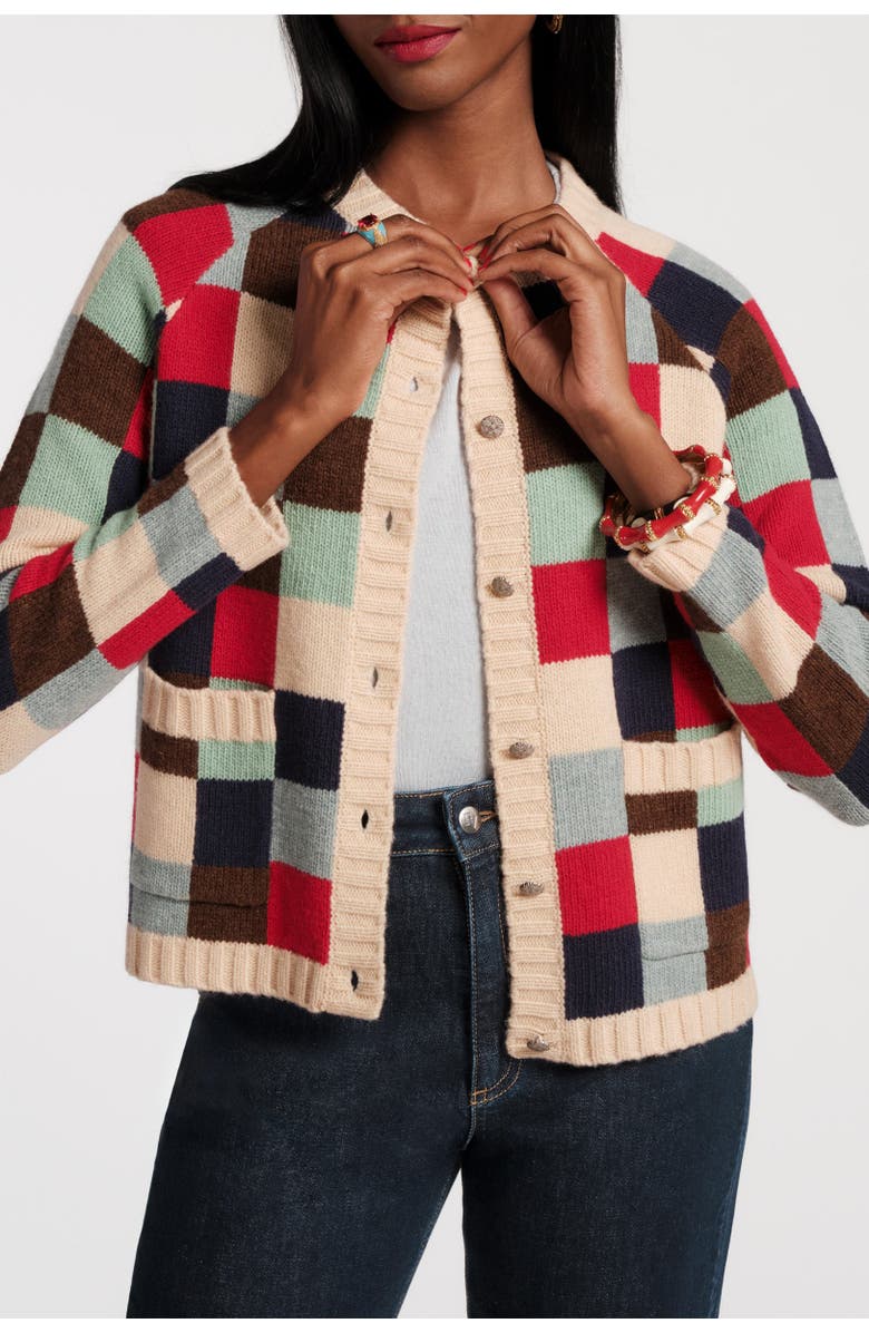 Frances Valentine Pixel Cardigan Sublime Pixel 100% Lambswool, Main, color, Blue/Brown/Red