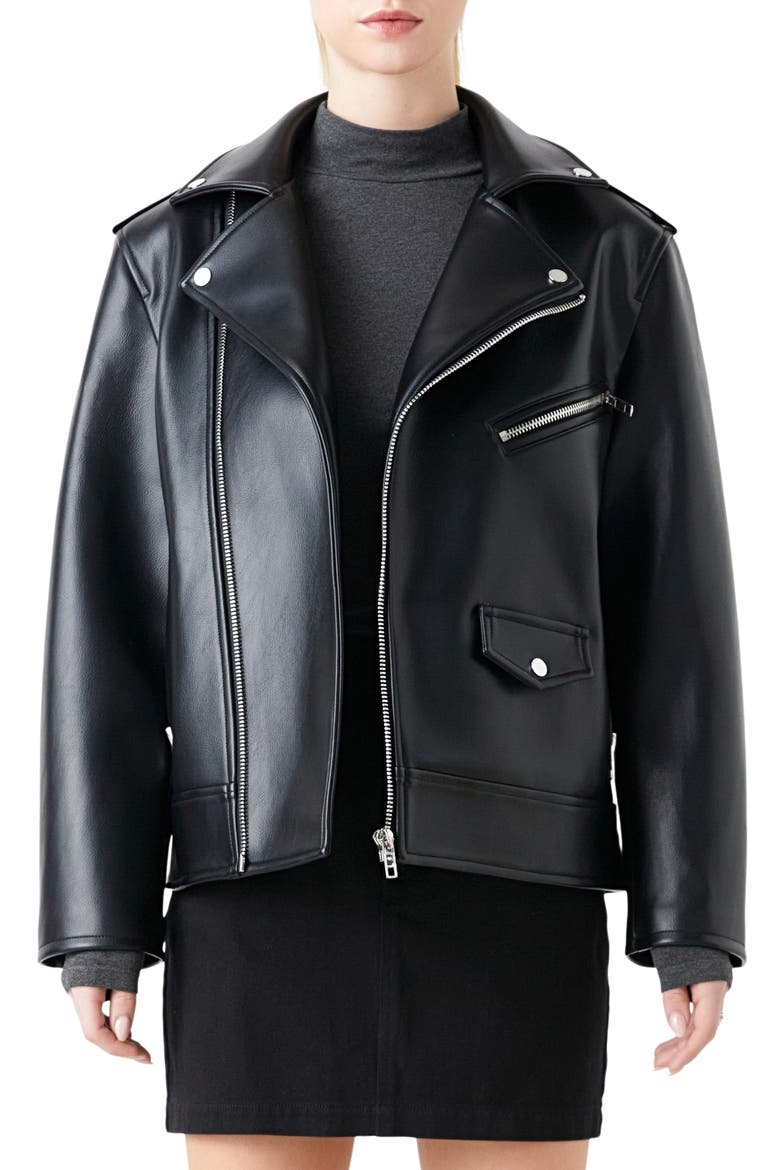 Padded Shoulder Faux Leather Biker Jacket, Main, color, BLACK
