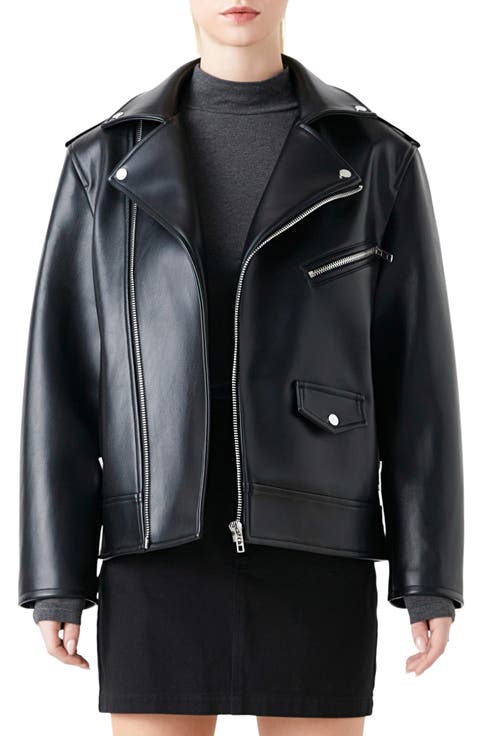 Padded Shoulder Faux Leather Biker Jacket