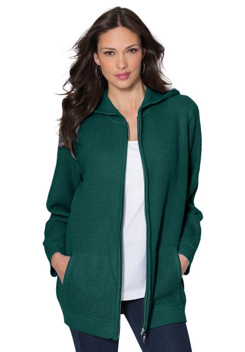 Plus Size Waffle Knit Zip-Front Relaxed Hoodie (Plus)