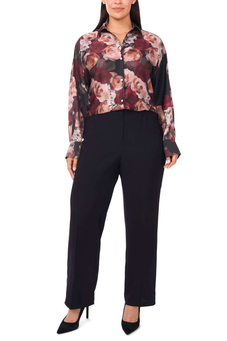 Painted Rose Charmeuse Button-Up Shirt, Alternate, color, RICH BLACK