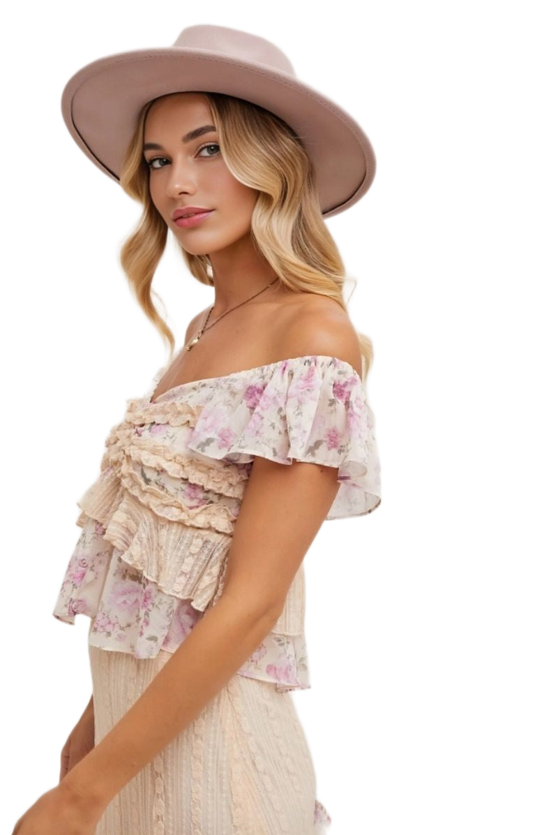 Knit and Lounge Floral Ruffle Cap Sleeve Sweetheart Top, Alternate, color, Soft Pink Beige Blush Floral