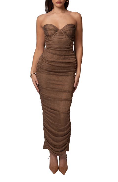 Ruched Metallic Tie Back Maxi Dress