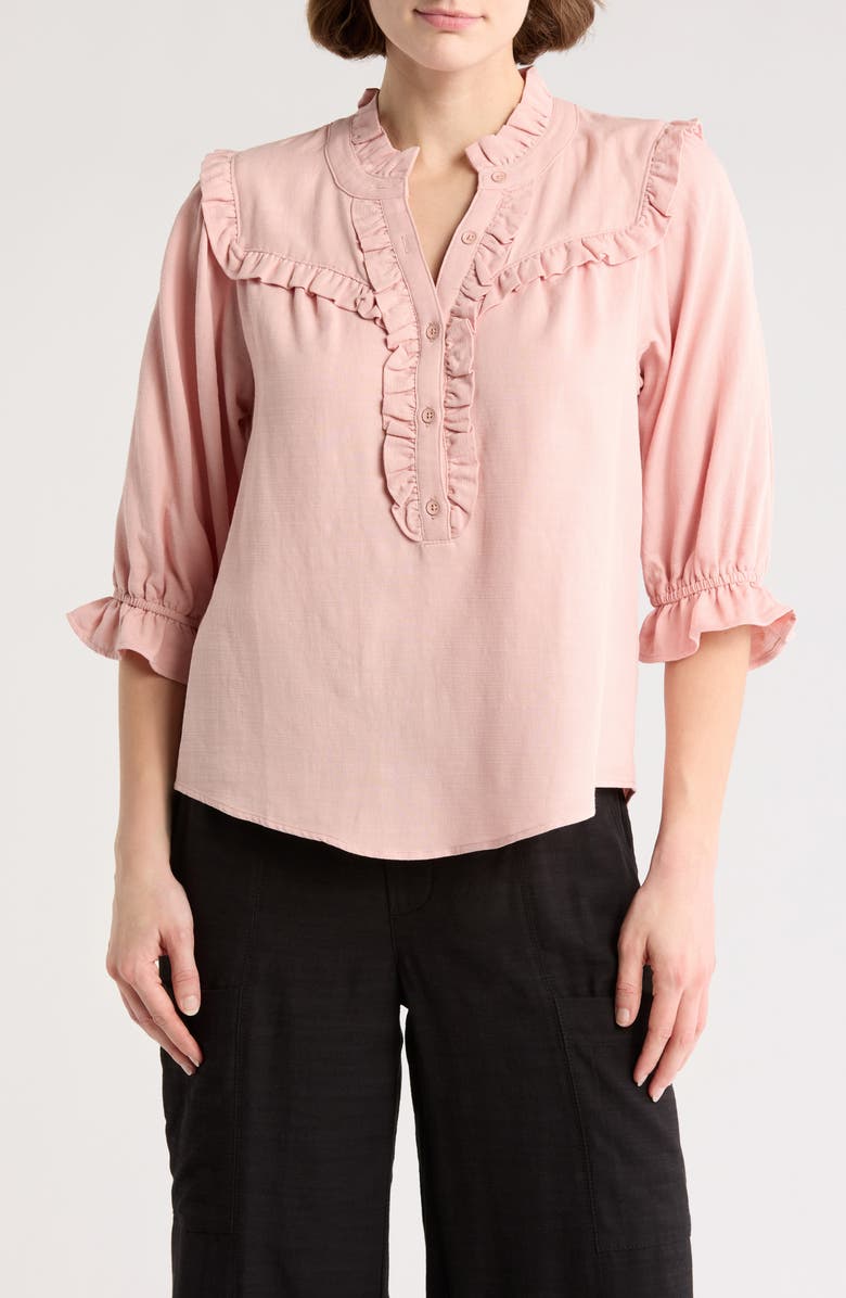 Democracy Ruffle Yoke Three-Quarter Sleeve Shirt, Main, color, Rose Bloom