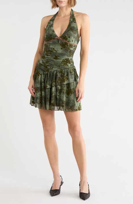 Ruched Drop Waist Halter Dress