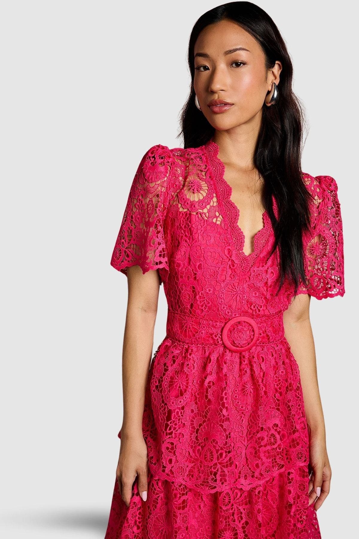 Short Sleeve Tiered Lace Midi Dress - image 4