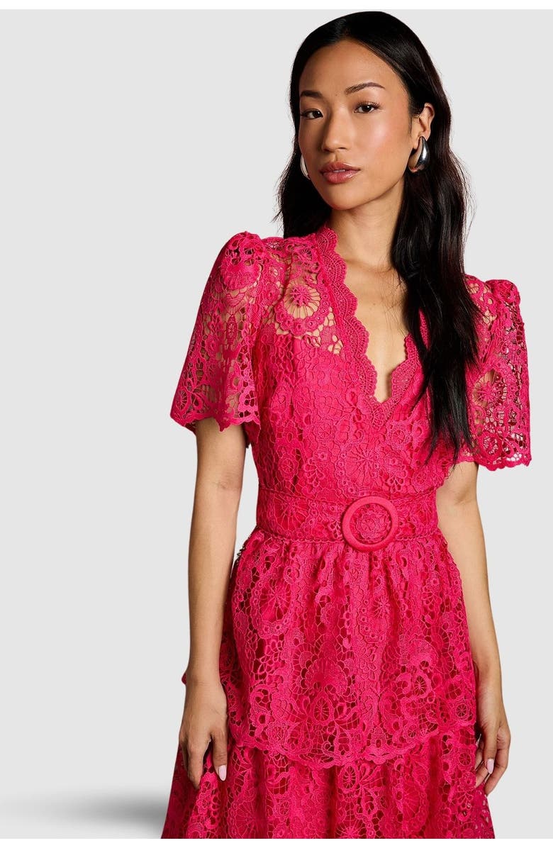 Coast Short Sleeve Tiered Lace Midi Dress, Alternate, color, Raspberry