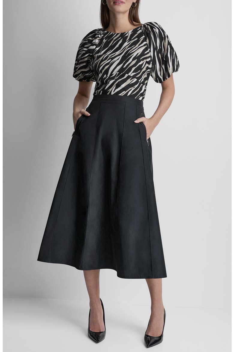 Taffeta Seamed Zip Pocket Midi Skirt, Alternate, color, BLACK