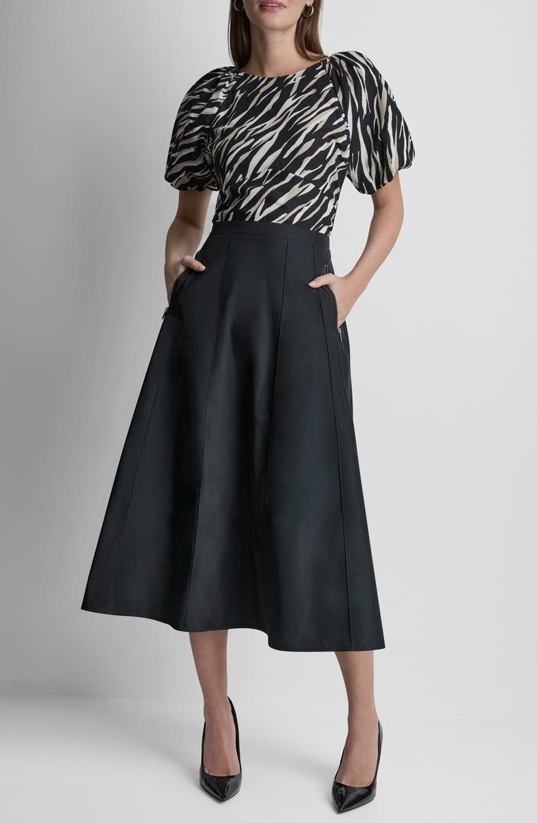 DKNY Taffeta Seamed Zip Pocket Midi Skirt, Alternate, color, Black