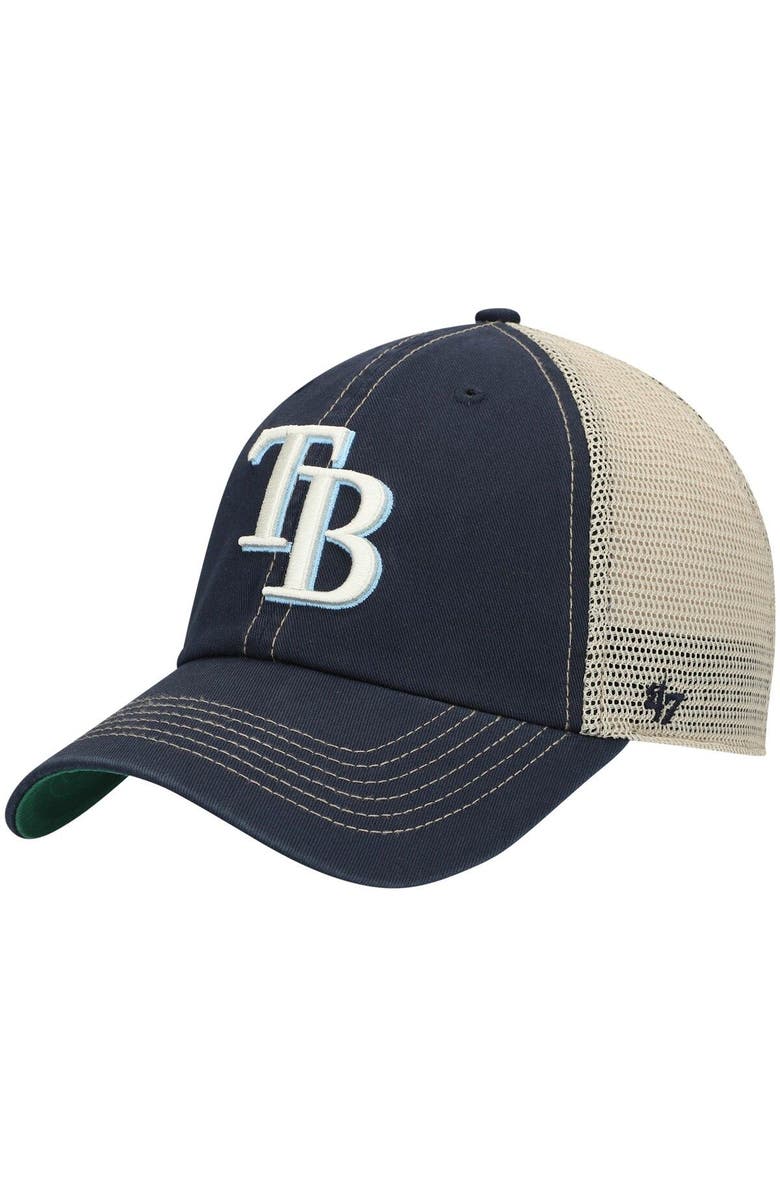 '47 Men's '47 Navy Tampa Bay Rays Trawler Clean Up Trucker Snapback Hat, Main, color, 
