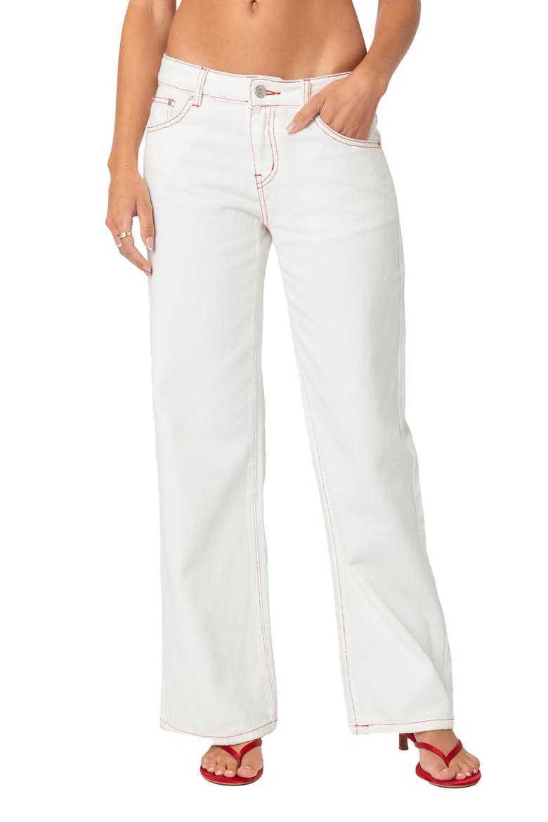 Strawberry Bow Pocket Straight Leg Jeans, Main, color, WHITE