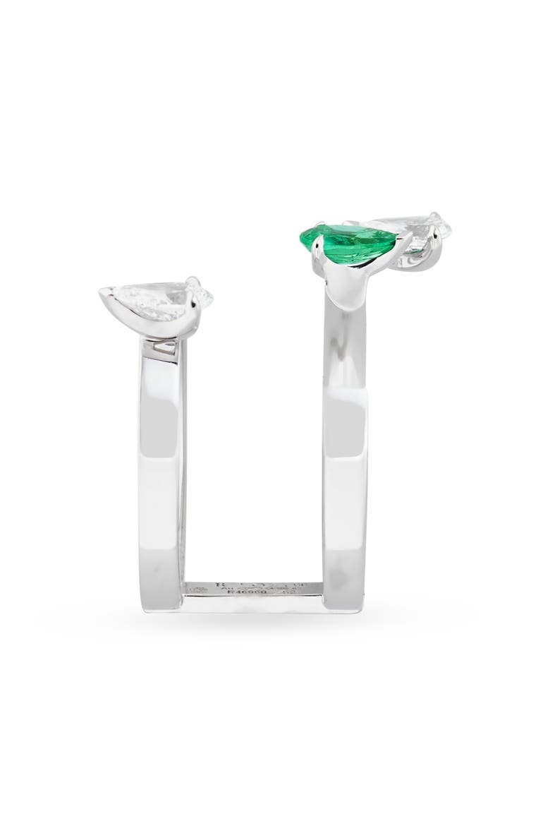 Serti Sur Vide Diamond & Emerald Open Ring, Alternate, color, WHITE GOLD/ EMERALD