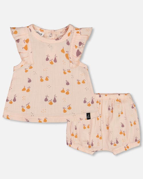 DEUX PAR DEUX DEUX PAR DEUX BABY GIRL'S PRINTED MUSLIN TOP AND BLOOMER SET PEACH WITH PEARS
