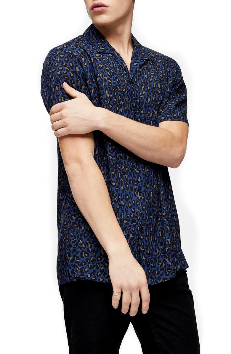 Topman Leopard Print Short Sleeve Button-Up Camp Shirt, Main, color, 