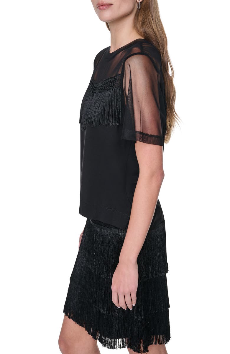 DKNY Fringe Detail Cotton Blend Mesh Top, Alternate, color, Black