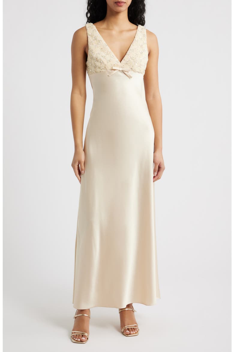 Serefina Beaded Sleeveless Satin Gown, Main, color, BUTTER