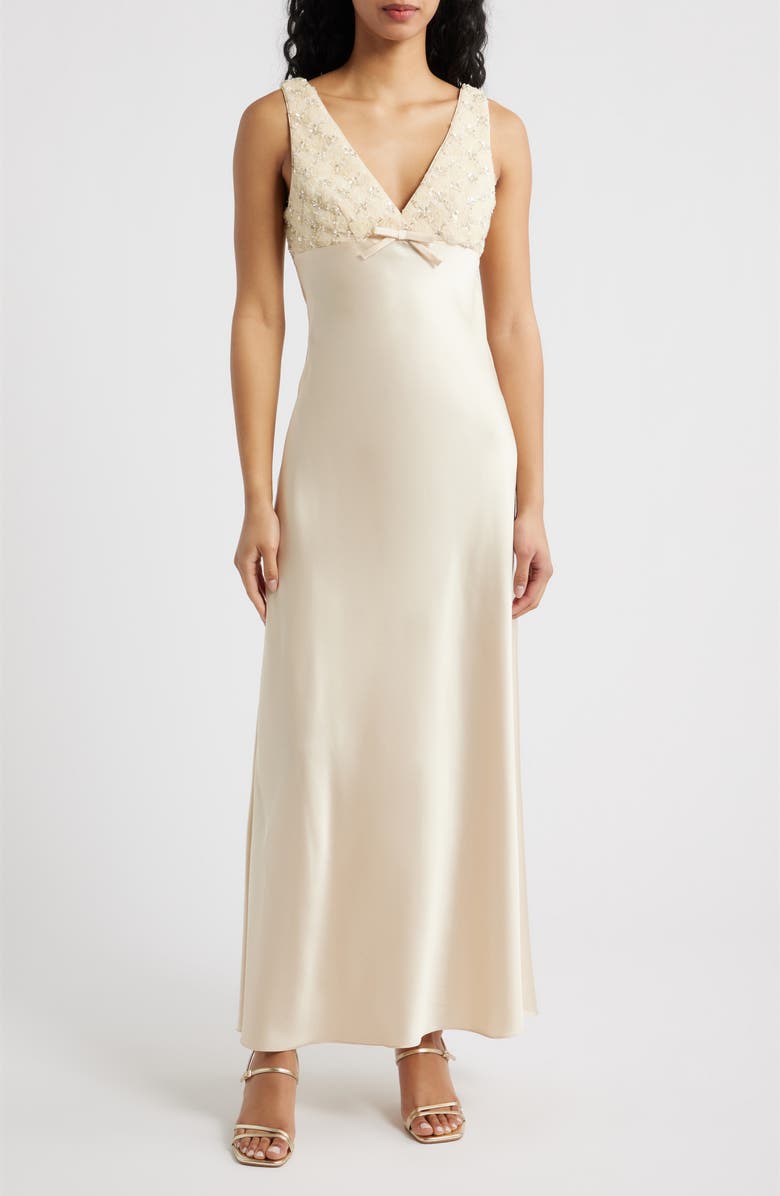 Saylor Serefina Beaded Sleeveless Satin Gown, Main, color, Butter