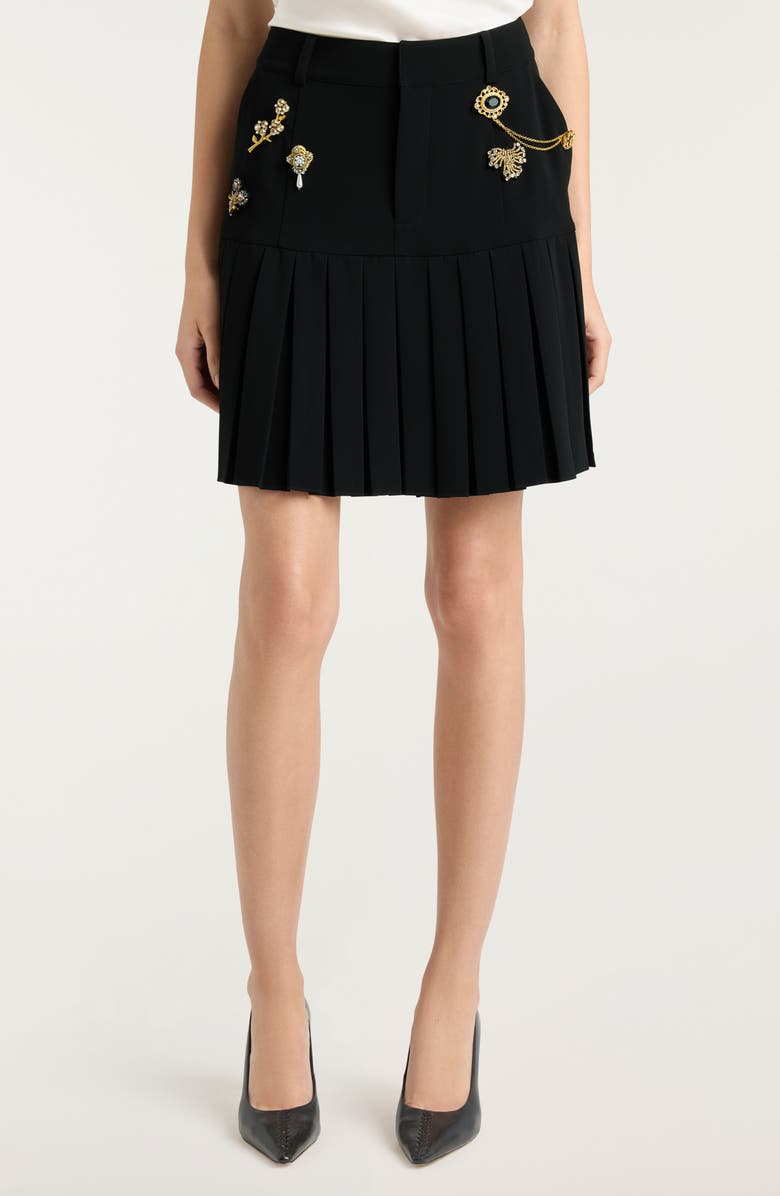 Cinq à Sept Brooch Embellished Pleated Miniskirt, Main, color, Black