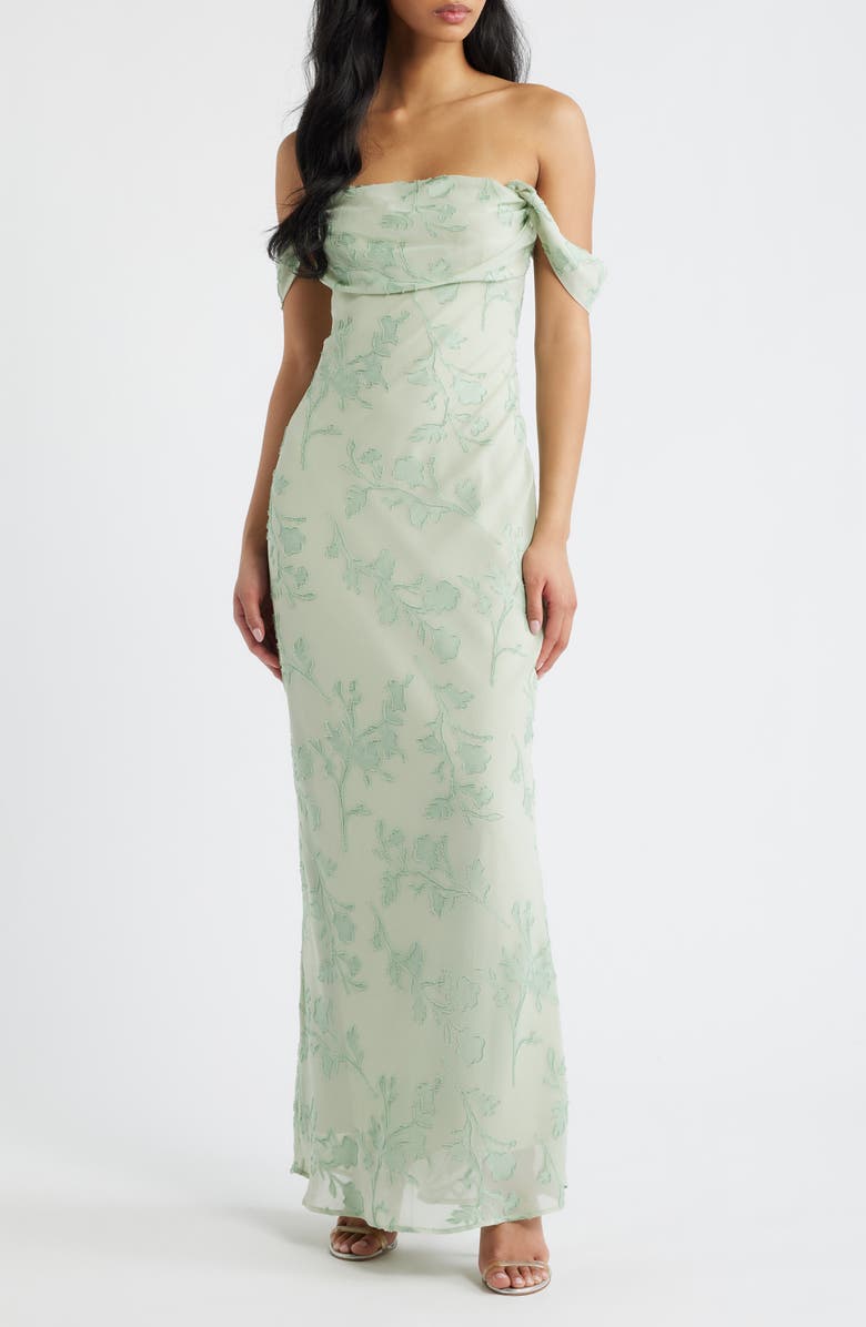 Princess Polly Azura Off the Shoulder Floral Burnout Gown, Main, color, Green Burnout