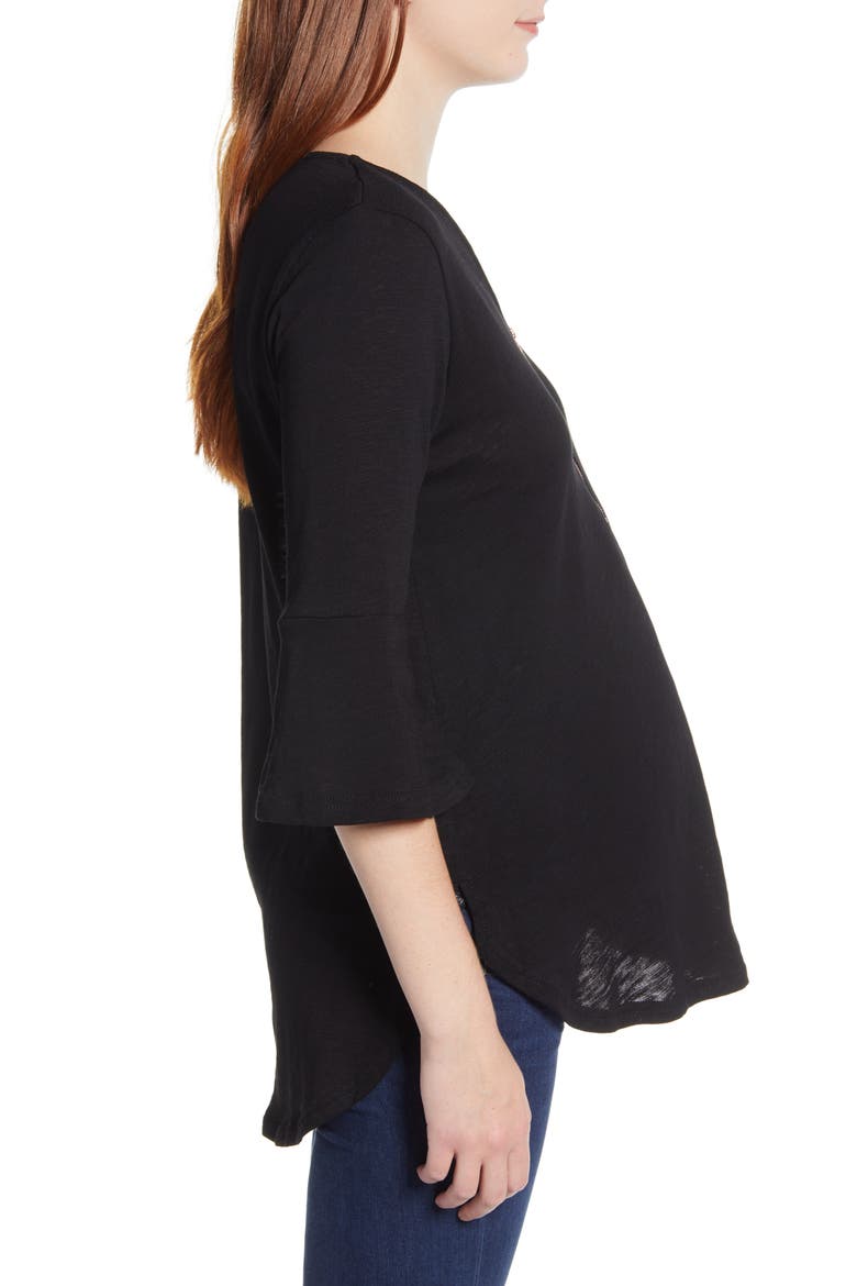 Zip Front Bell Sleeve Maternity/Nursing Top, Alternate, color, BLACK